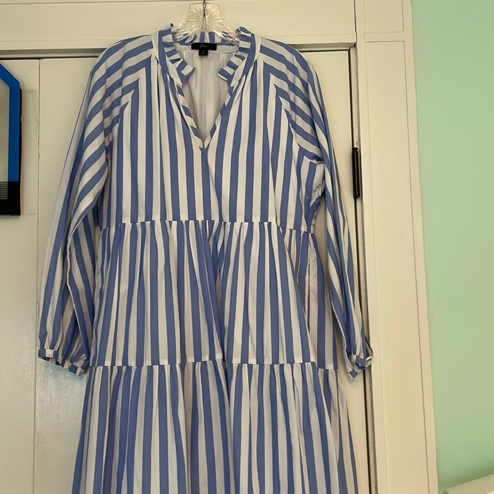 JCrew striped tiered popover dress striped blue poplin